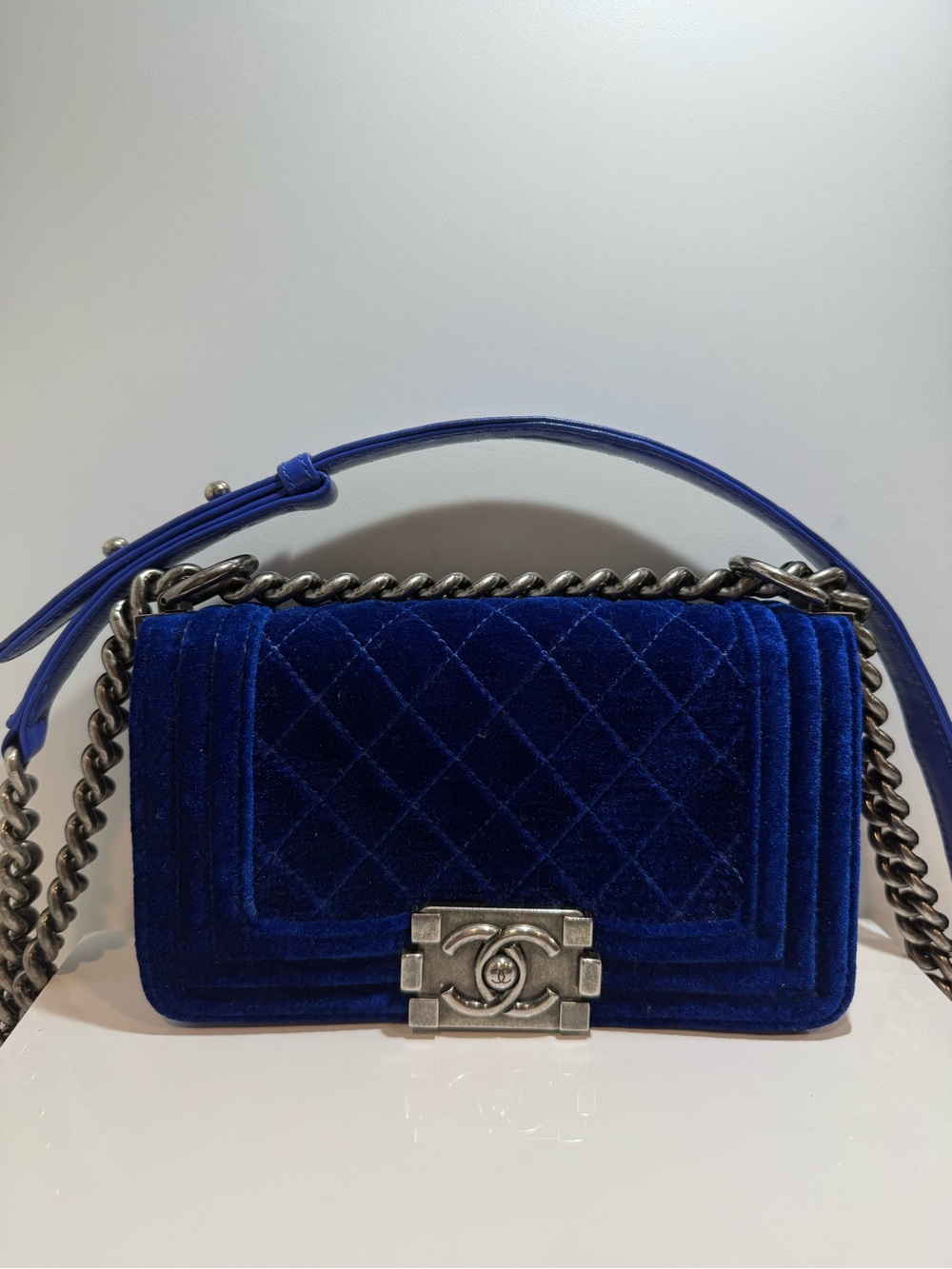CHANEL Royal Blue Velvet Quilted Small Boy Shoulder Bag
